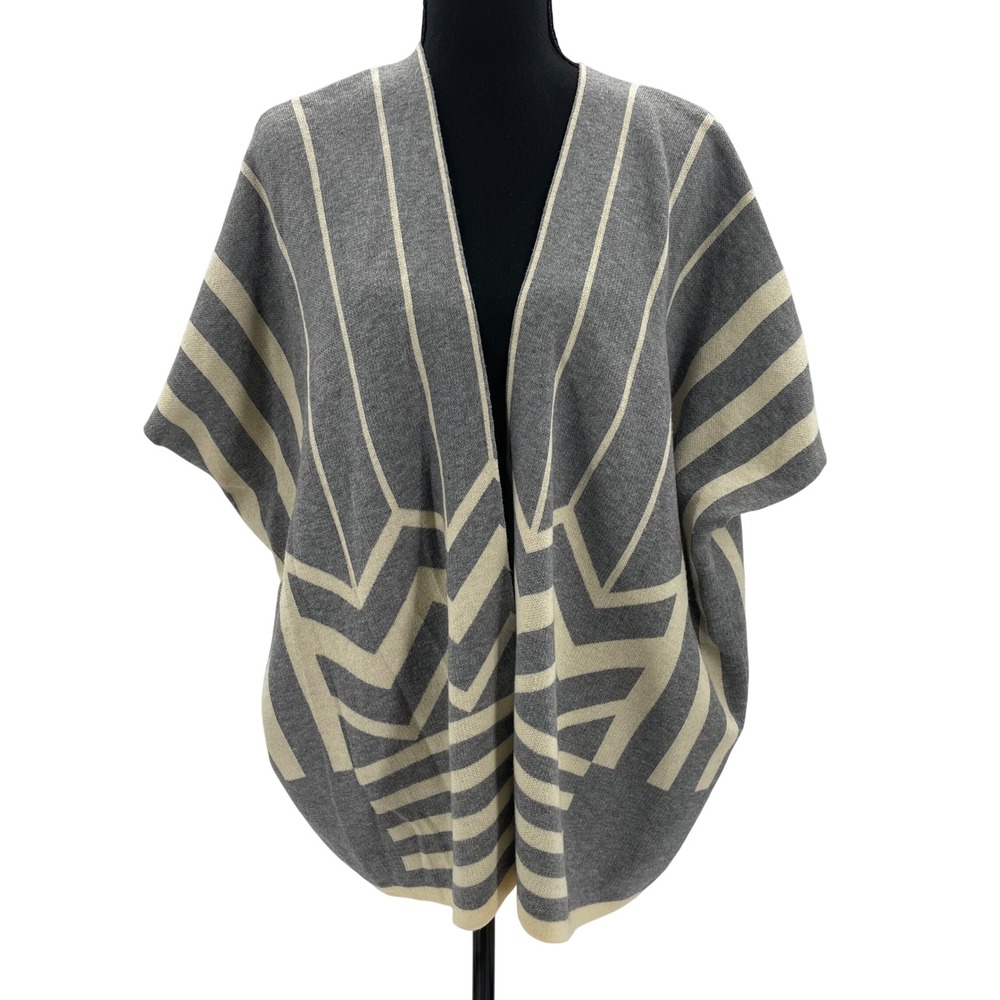 La Fee Verte Grey‎ Cream Geometric Stripe Chevron Open Front Poncho Sweater S